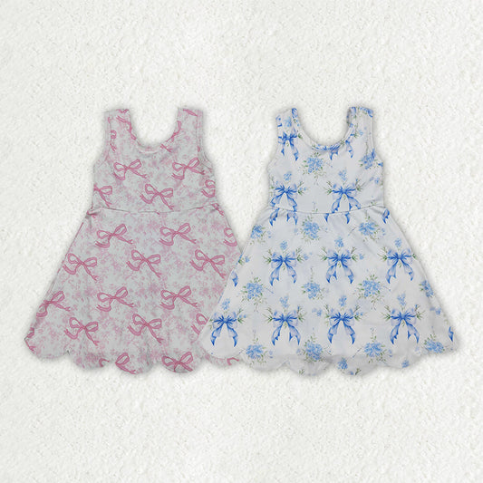 Sibling Baby Girls Flowers Bows Yoga Active Short Scallop Knee Length Dresses