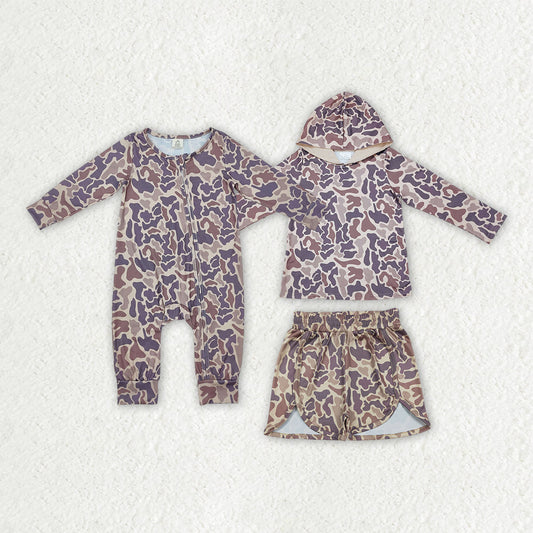 Sibling Baby Boys Girls Southern Khaki Camo Zip Rompers Hoodie Short Sets