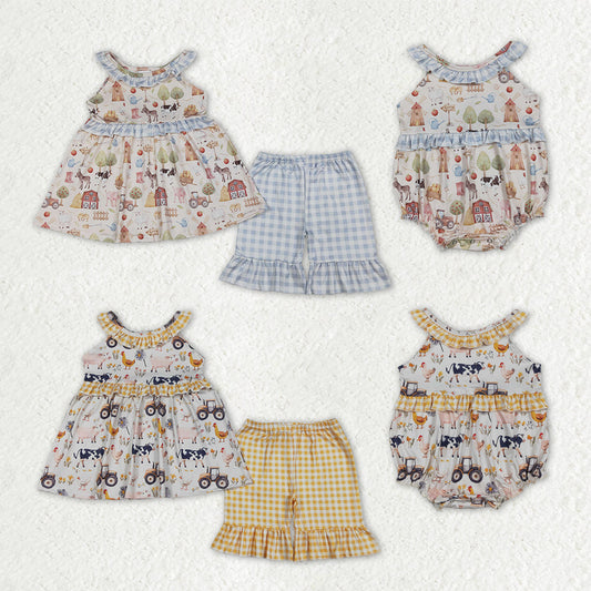 Sibling Baby Girls Sleeveless Pigs Cows Tunic Ruffle Short Farm Clothes Set Rompers