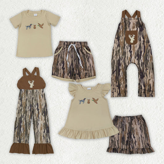 Sibling Baby Kids Embroidery Deer Dog Ducks Top Shorts Hunting Clothes Set Strap Jumpsuit Rompers