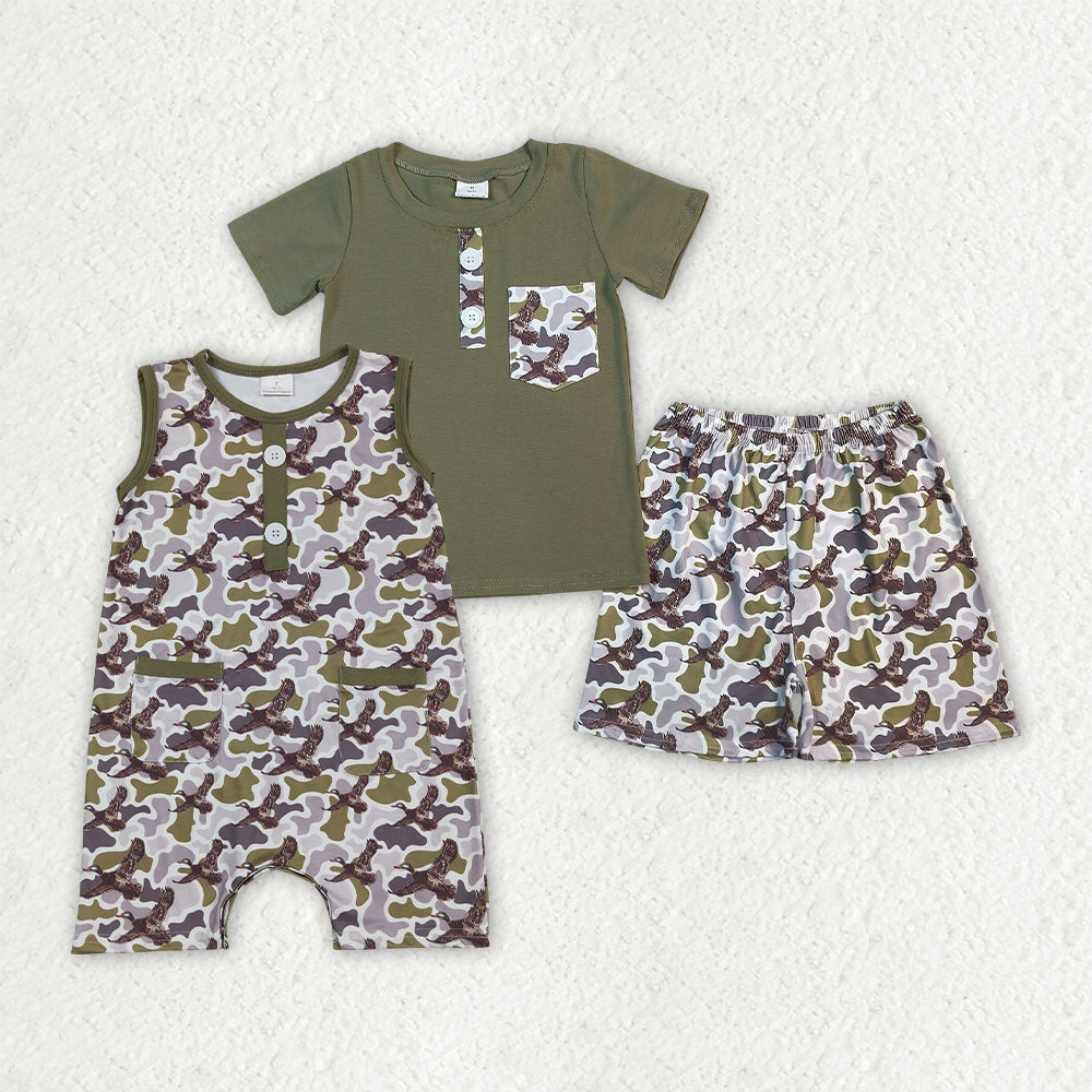 Sibling Baby Boys Green Camo Ducks Pocket Button Top Short Hunting Clothes Set Rompers