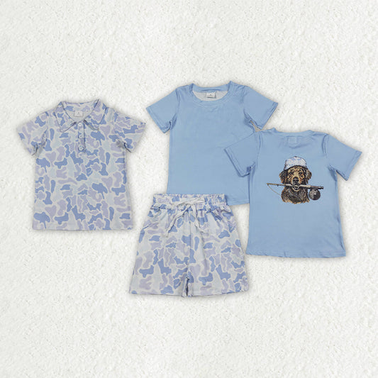 Sibling Baby Boys Dog Fishing Light Blue Camo Polo Top Pockets Shorts Hunting Clothes Set