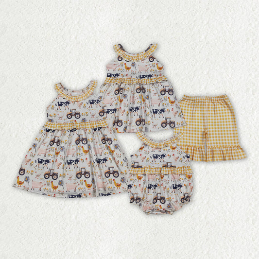 Sibling Baby Girls Pigs Cows Tunic Checked Ruffle Short Farm Clothes Set Rompers