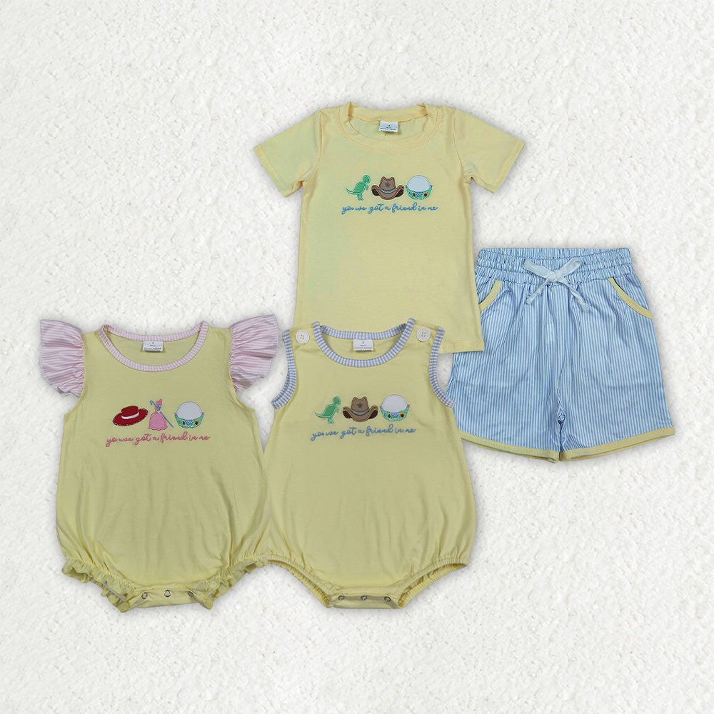 Sibling Embroidery Got a Friend Top Pockets Short Clothes Set Rompers