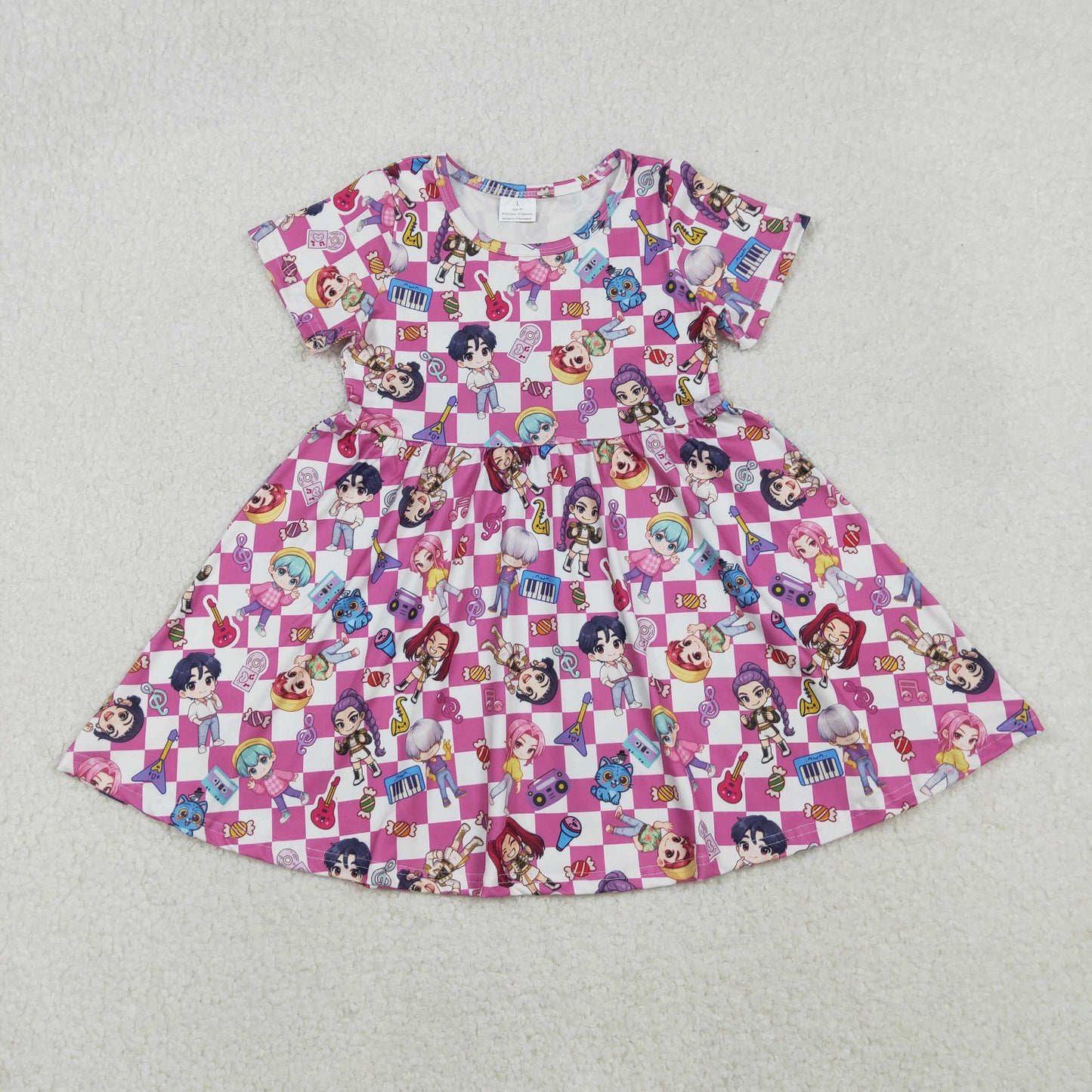 Baby Girls Short Sleeve Pink Checked Cartoon Girls Knee Length Dresses