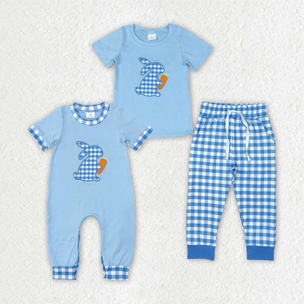 Sibling Baby Boys Embroidery Blue Checked Rabbit Carrot Jogger Easter Clothes Set Rompers