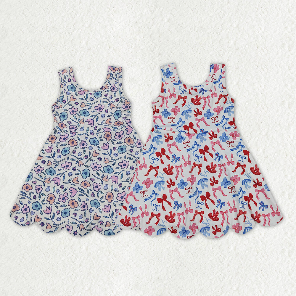 Sibling Baby Girls Sleeveless Bows Flowers Yoga Active Shorts Scallop Knee Length Dresses