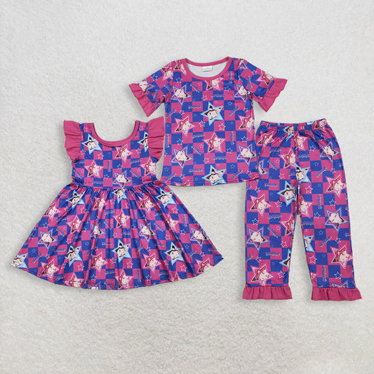 Sibling Baby Girls Pink Blue Checked Demon Hunter Ruffle Pant Pajamas Set Knee Length Dresses