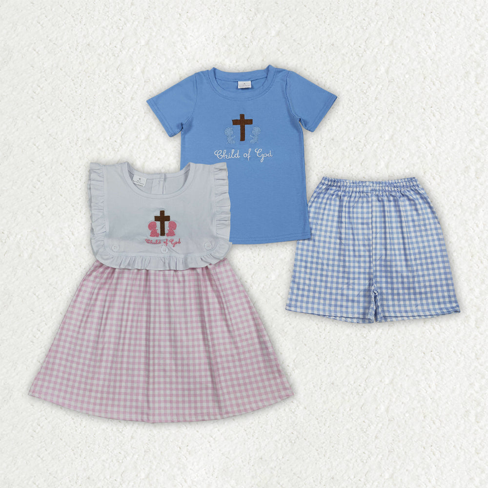 Sibling Baby Boys Girls Embroidery Child of God Shorts Clothes Set Checked Knee Length Dress