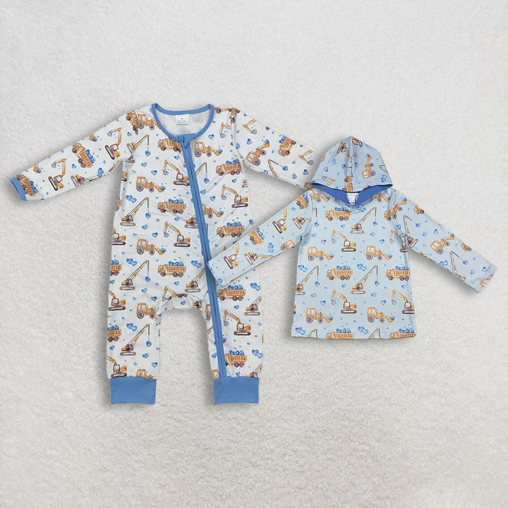 Sibling Baby Boys Blue Hearts Excavators Valentines Hoodie Top Zipper Convertible Rompers