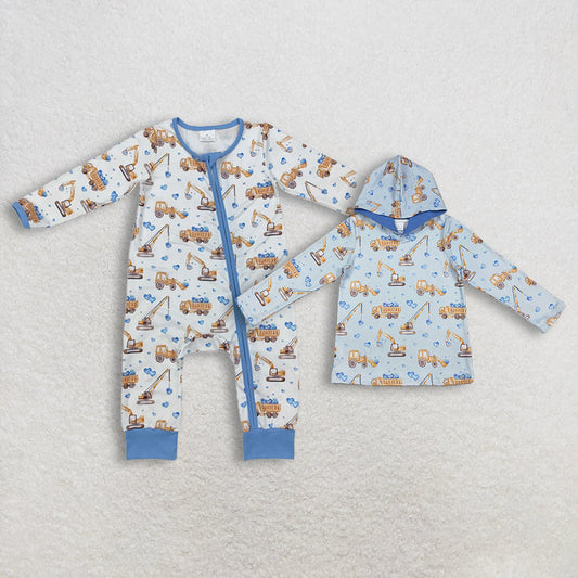 Sibling Baby Boys Blue Hearts Excavators Valentines Hoodie Top Zipper Convertible Rompers