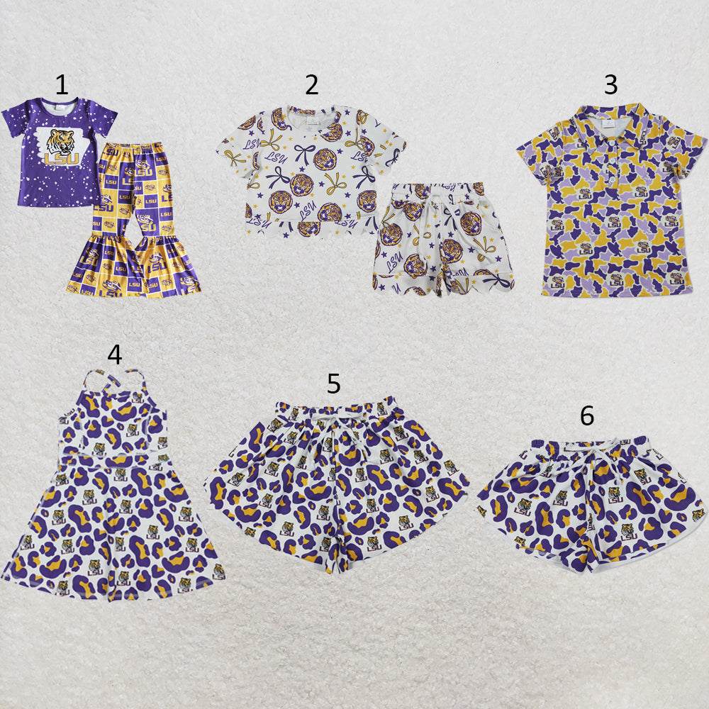 Sibling Baby Girls Bows LSU Tigers Team Clothes Sets Polo Shirt Yoga Active Knee Length Dress Butterfly Shorts
