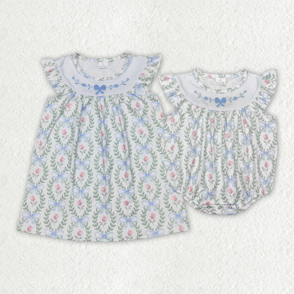 Sibling Embroidery Baby Girls Spring Bows Leaves Rompers Dresses