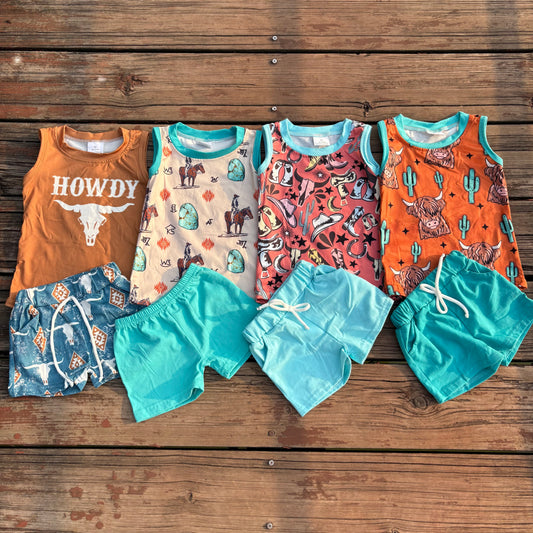 Sibling Baby boys cowboys cow sleeveless tank top shorts outfits sets