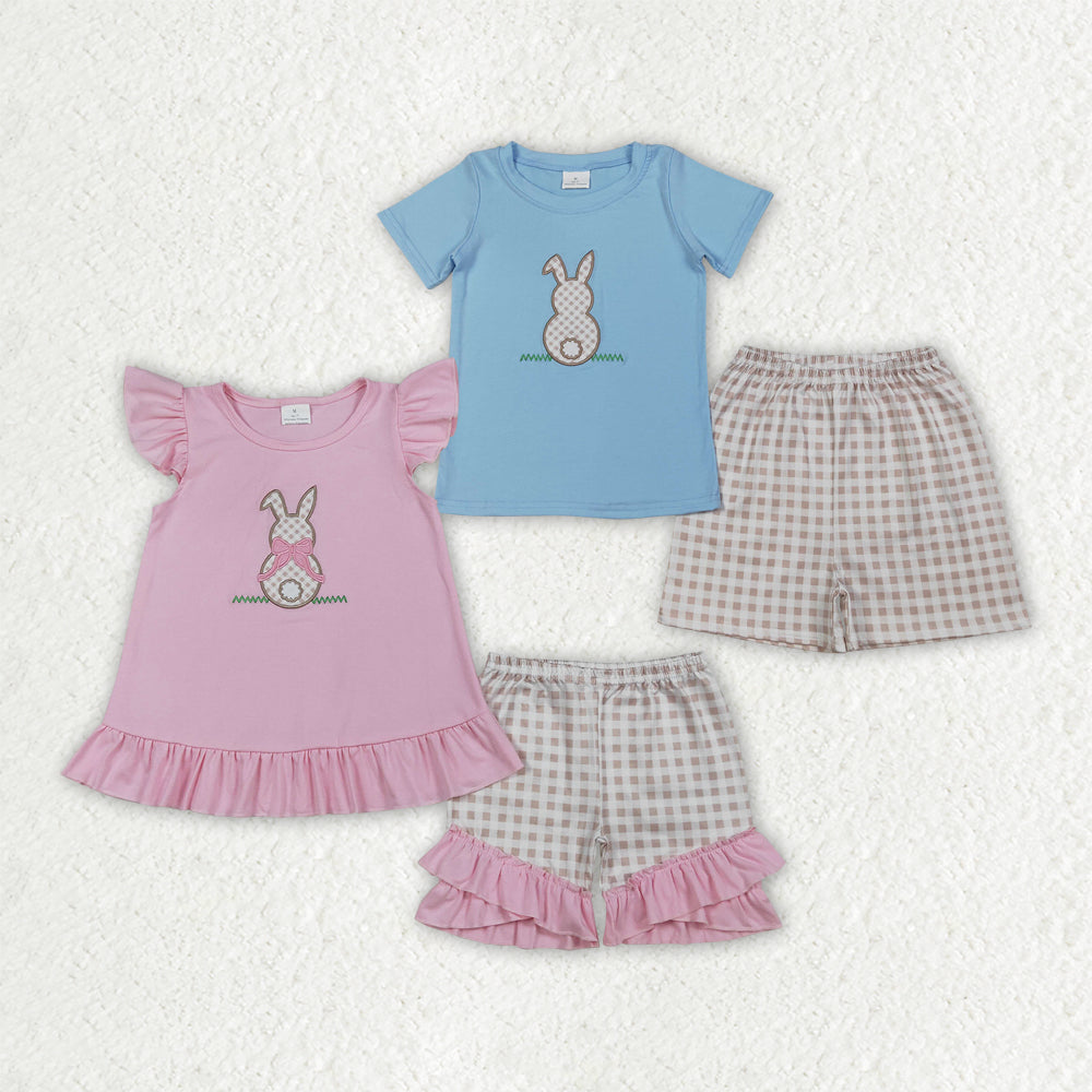 Sibling Baby Kids Embroidery Rabbits Top Checked Short Easter Clothes Sets