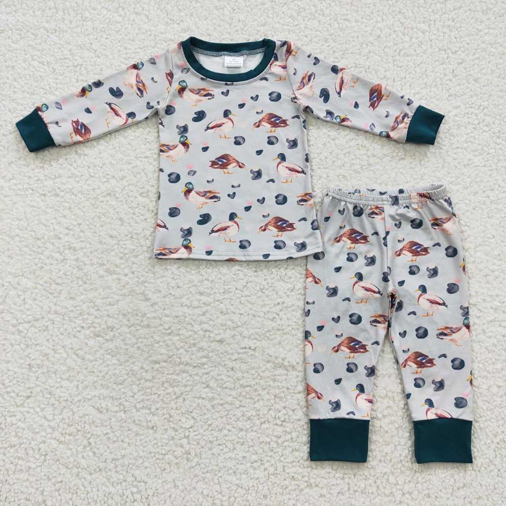 Sibling Baby Boys Ducks Plaid Pajamas Sets Zipper Footed Rompers