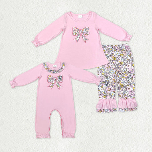 Sibling Embroidery Floral Bows Baby Girls Ruffle Pants Clothes Footie Rompers