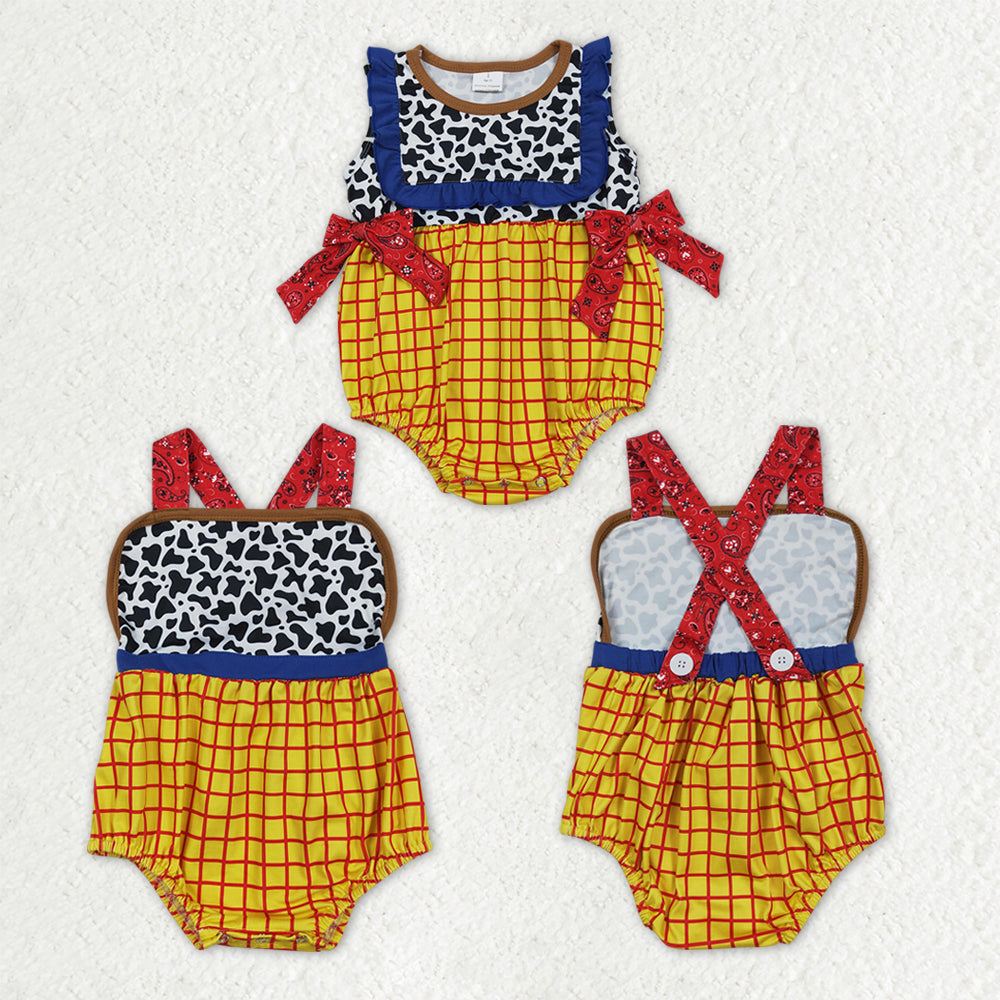 Sibling Baby Kids Cow Print Yellow Checked Cartoon Rompers