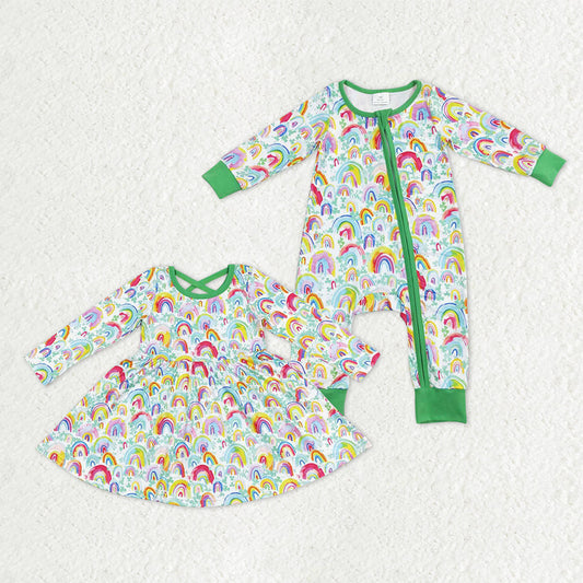 Sibling Baby Girls Colorful Rainbows Knee Length Dress Zipper Rompers