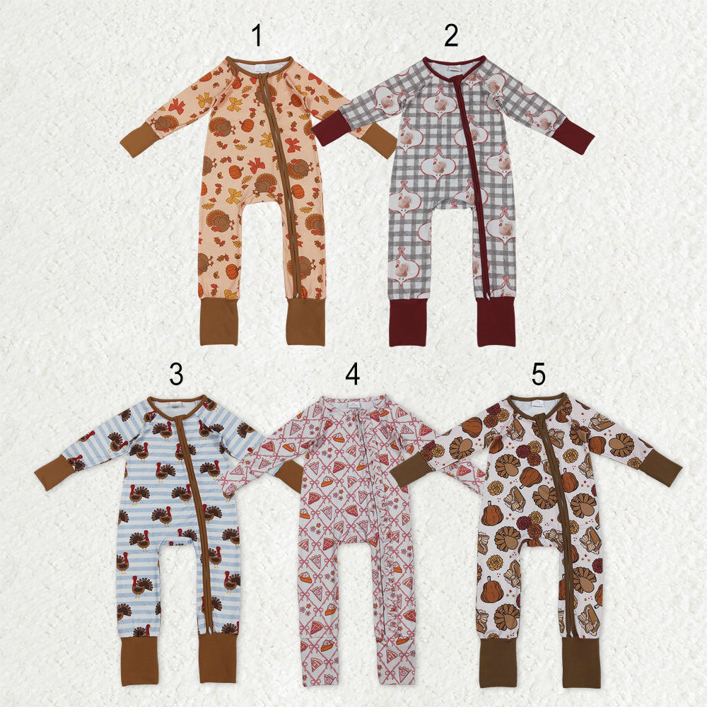 Sibling Baby Kids Turkey Pie Pumpkins Thanksgiving Two Way Zip Convertible Rompers