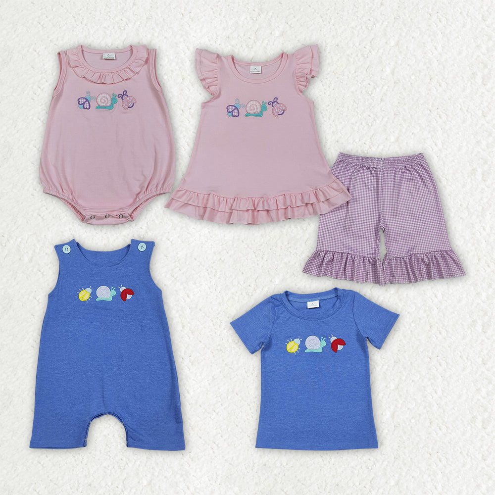 Sibling Baby Kids Embroidery Snails Ladybirds Top Shorts Clothes Set Ruffle Rompers