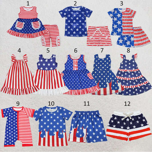 Sibling Baby Girls Stars Stripe 4th of July Shorts Clothes Sets Knee Length Dresses