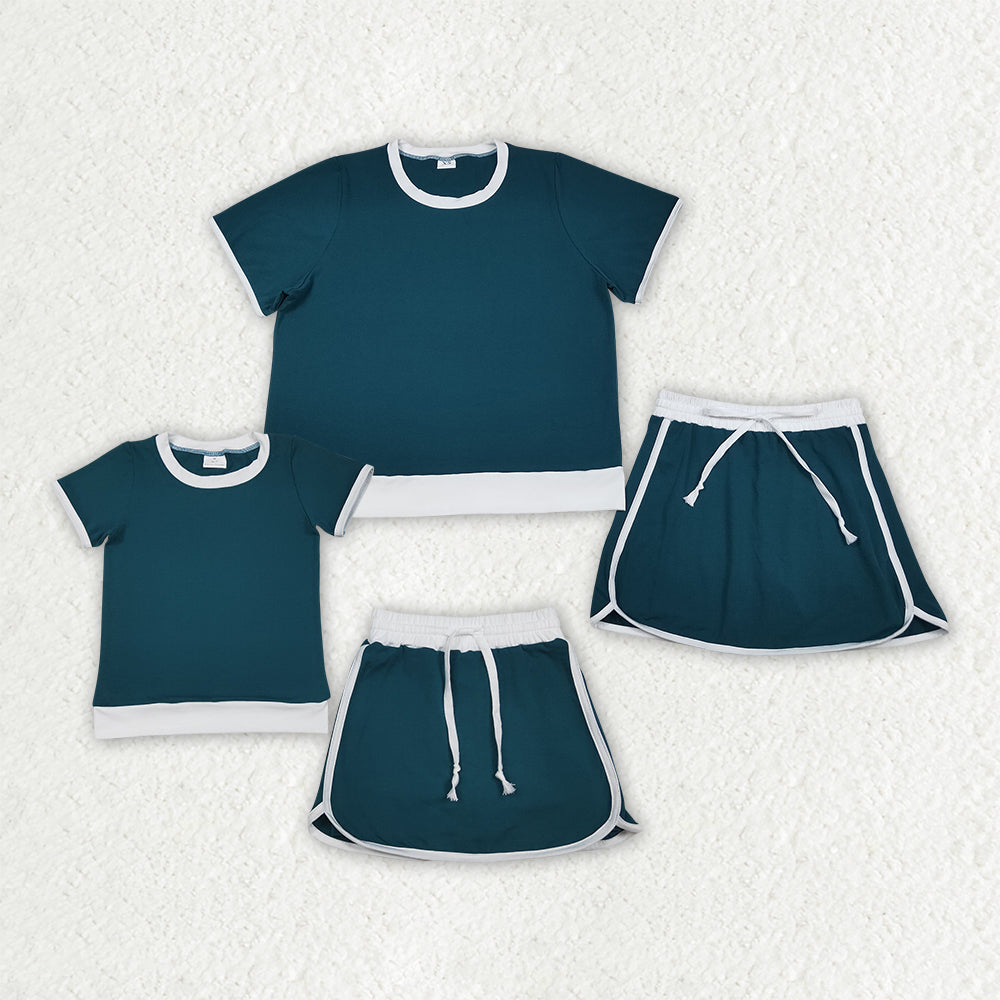 Mama and Me Girls Dark Green Short Sleeve Shirt Top Skirt Short Cotton Clothes Sets