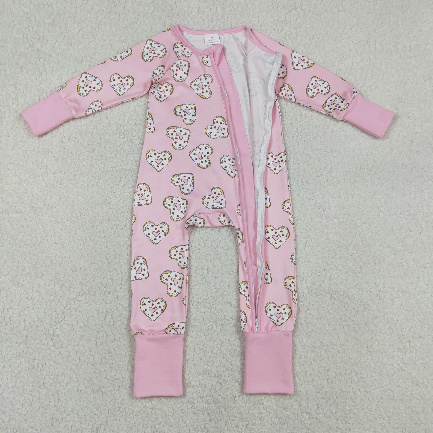 Sibling Baby Girls Hearts Donuts Top Pants Valentines Pajamas Set Zipper Rompers