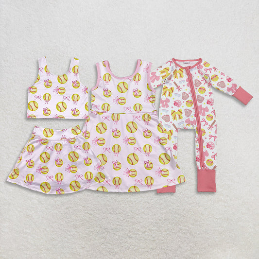Sibling Baby Girls Softball Bows Yoga Active Knee Length Dress Skorts Clothes Set Zipper Rompers