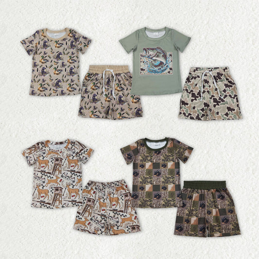 Sibling Baby Boys Deer Ducks Camo Top Pockets Short Hunting Pajamas Clothes Sets