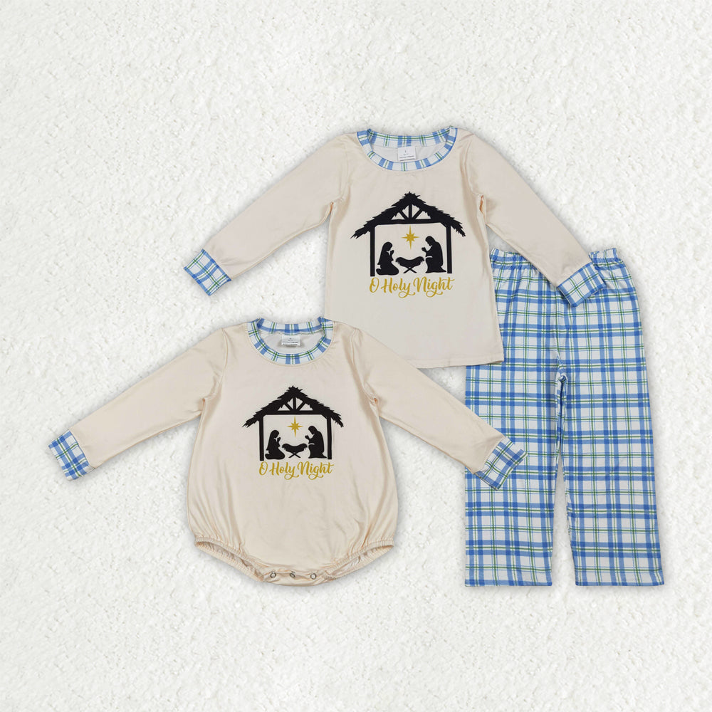 Sibling Baby Boys Nativity Long Sleeve Top Checked Pants Christmas Clothes Sets Rompers