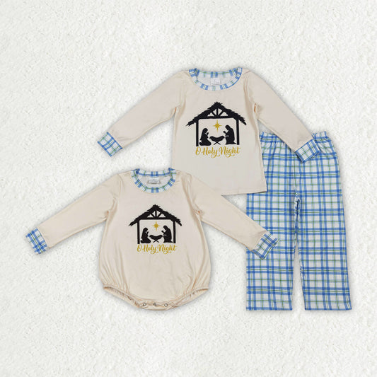 Sibling Baby Boys Nativity Long Sleeve Top Checked Pants Christmas Clothes Sets Rompers