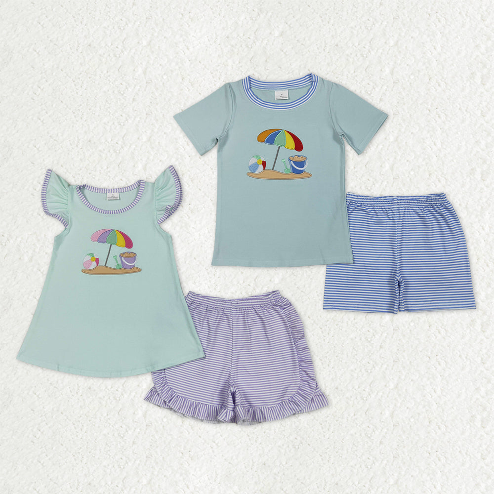 Sibling Baby Boys Girls Embroidery Beach Top Stripe Shorts Clothes Sets