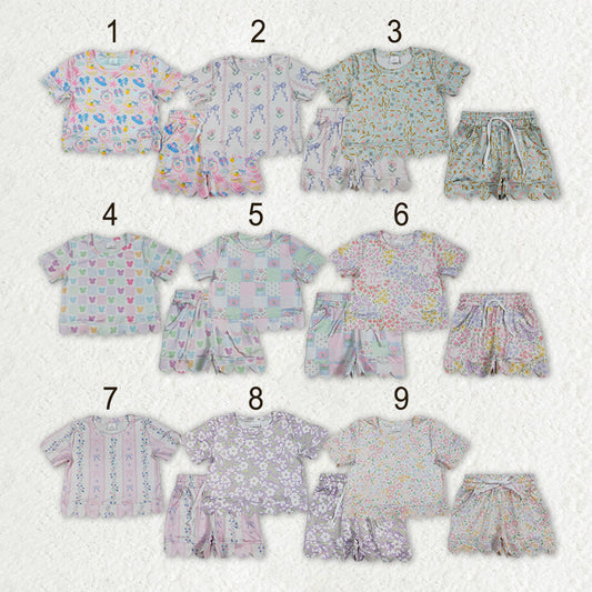 Sibling Baby Girls Colorful Flowers Top Pockets Shorts Scallop Clothes Sets