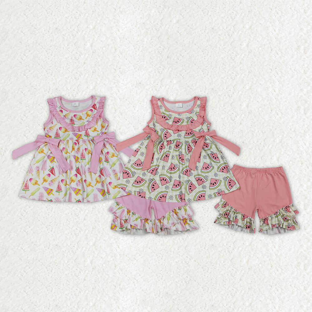 Sibling Baby Girls Sleeveless Watermelons Flowers Tunic Ruffle Shorts Clothes Sets