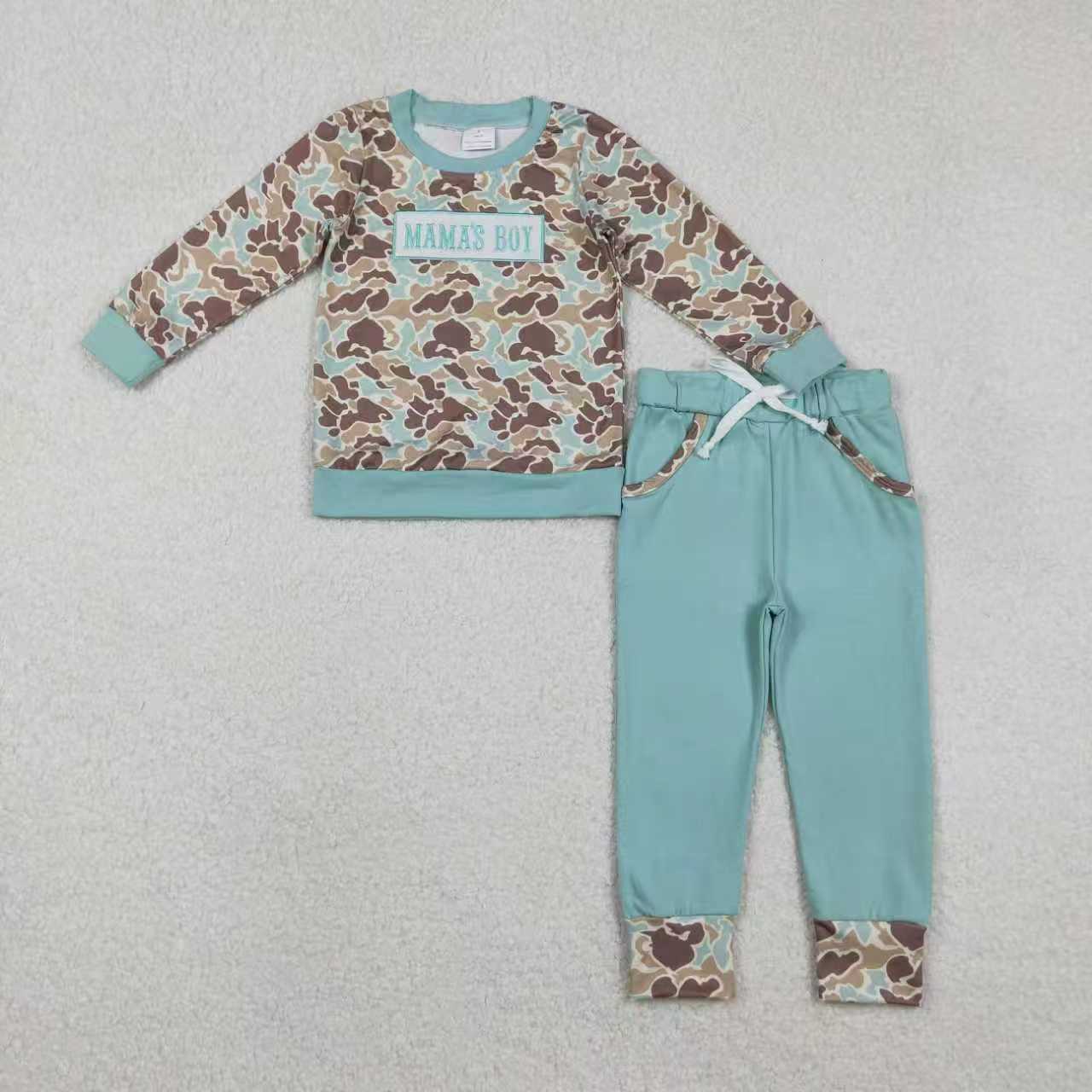 Sibling Baby Boys Embroidery Mama's Boy Green Camo Pockets Pants Clothes Sets Hoodie Romper
