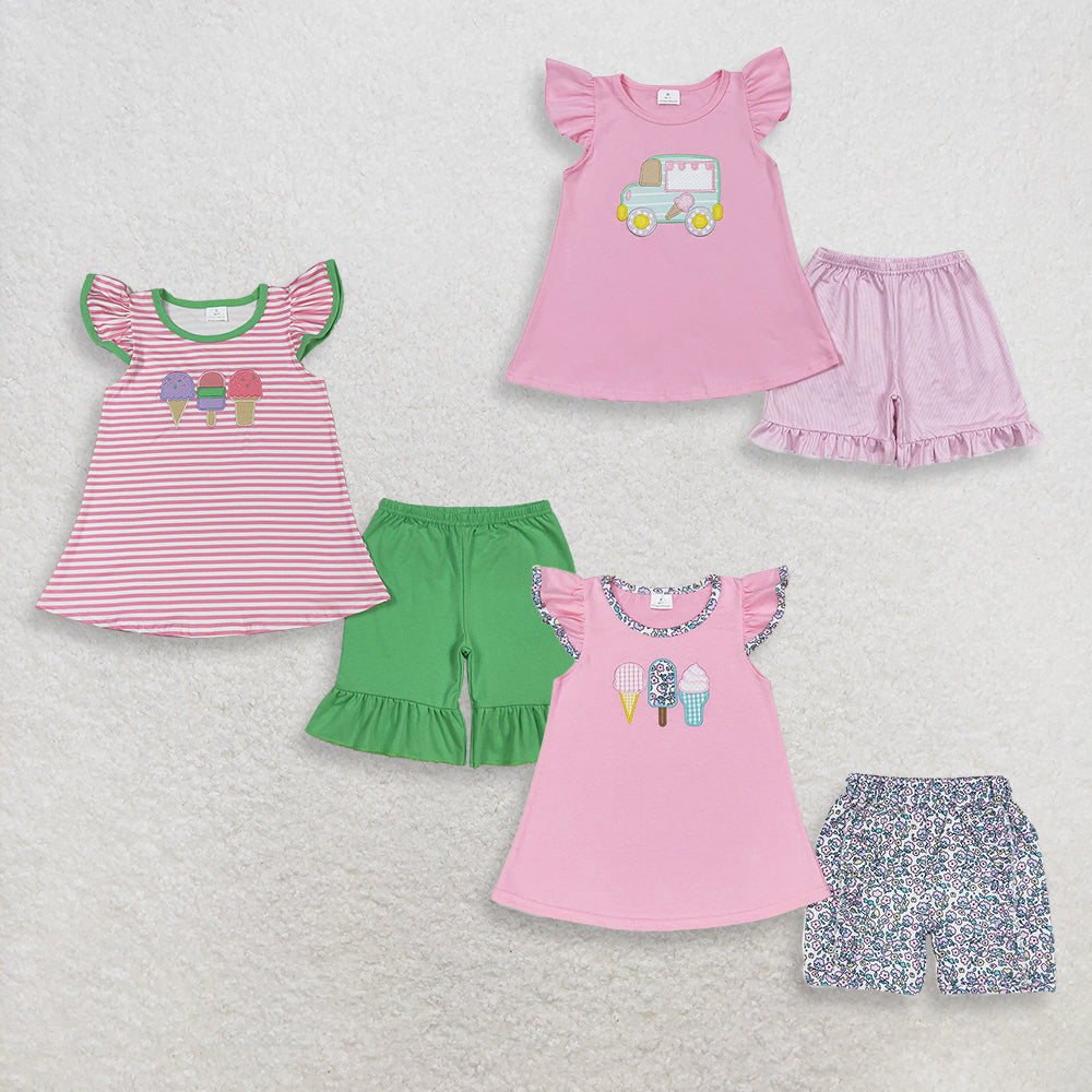 Sibling Baby Girls Flutter Sleeve Embroidery Ice Creams Tunic Ruffle Shorts Clothes Sets