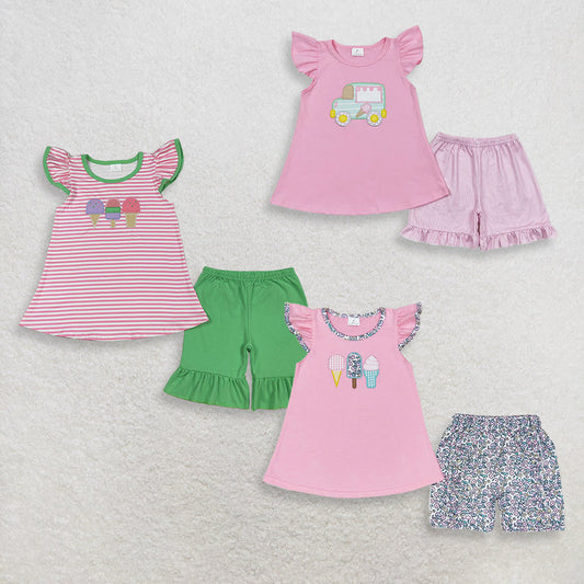 Sibling Baby Girls Flutter Sleeve Embroidery Ice Creams Tunic Ruffle Shorts Clothes Sets