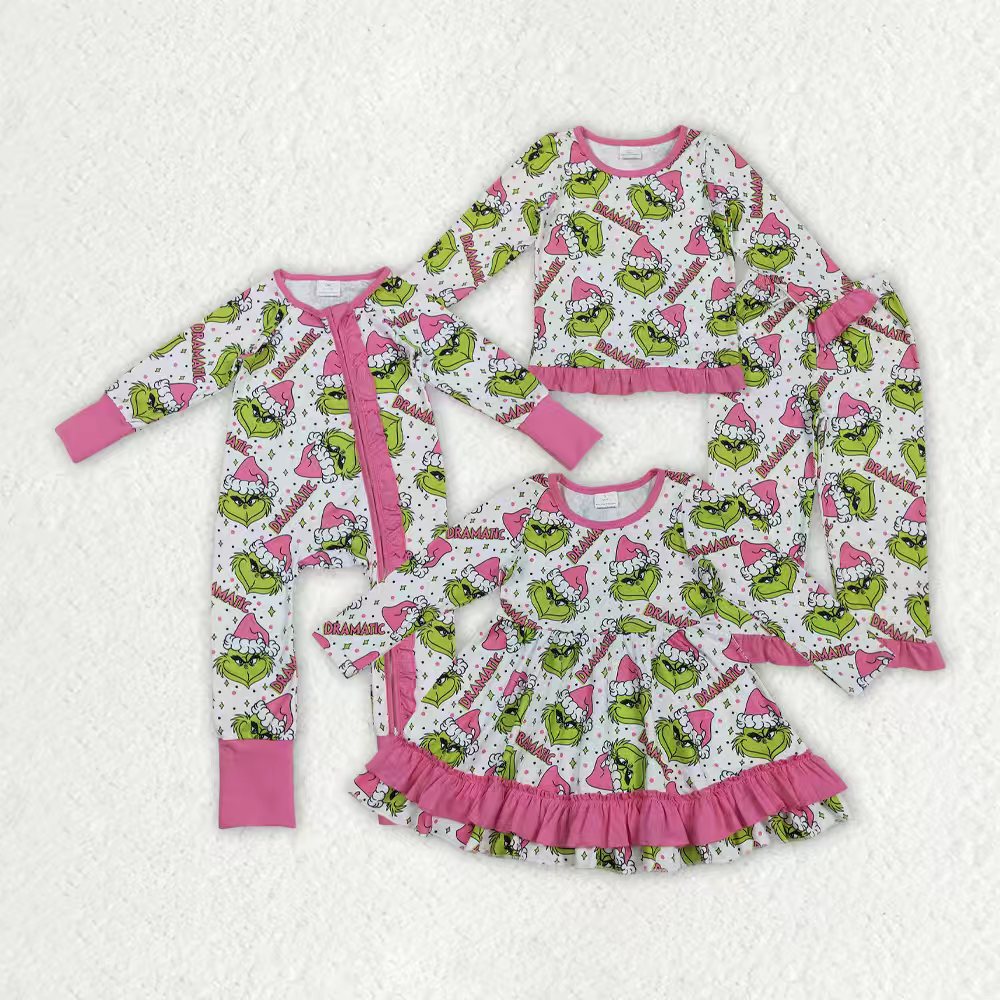 Sibling Baby Girls Green Faces Dramatic Christmas Zipper Footie Rompers Pajamas Sets