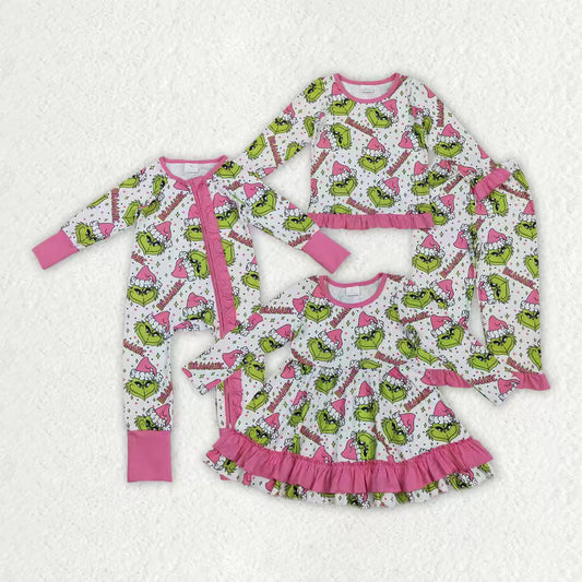 Sibling Baby Girls Green Faces Dramatic Christmas Zipper Footie Rompers Pajamas Sets
