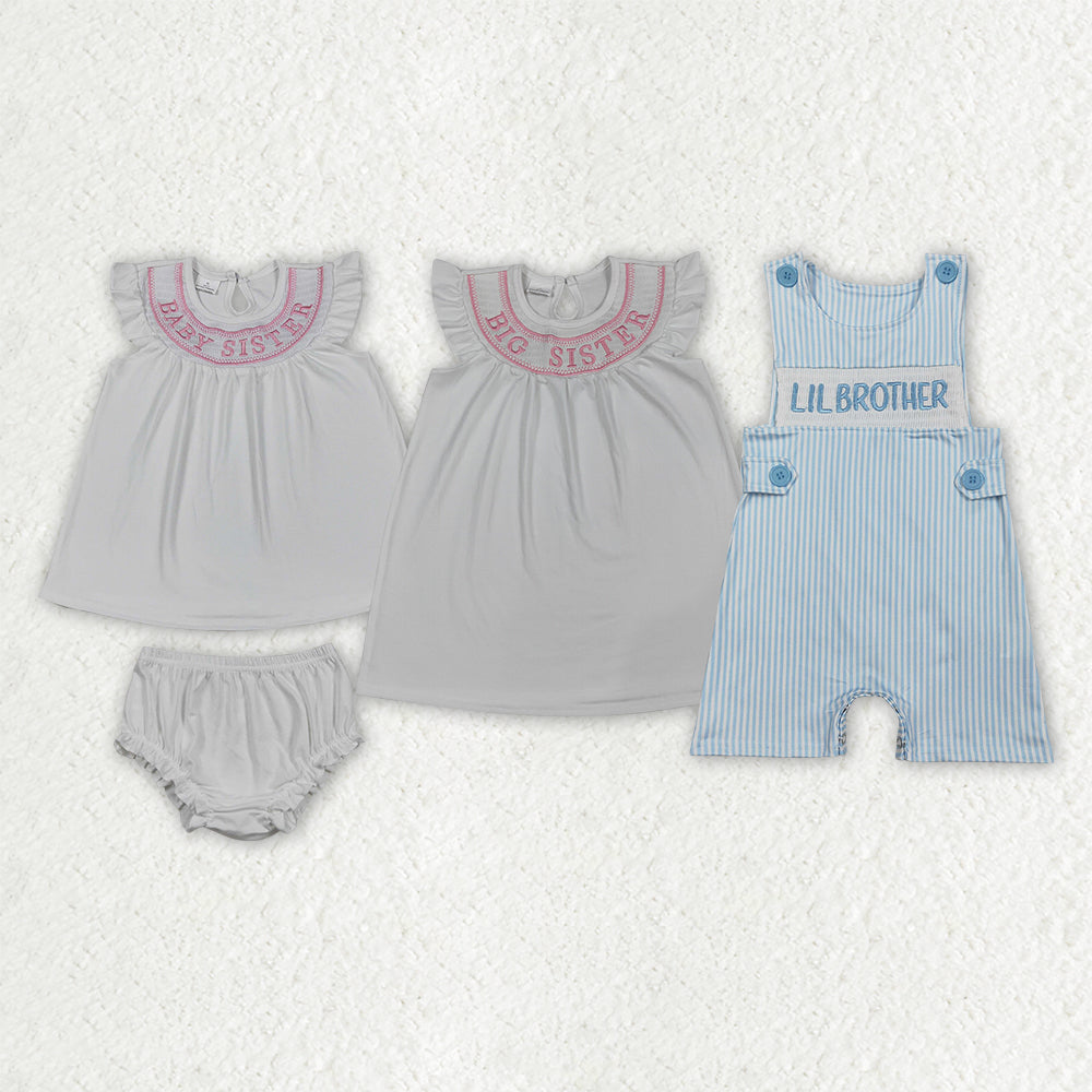 Sibling Smocked Lil Sister Brother Baby Kids Romper Tunic Bummies Knee Length Dress