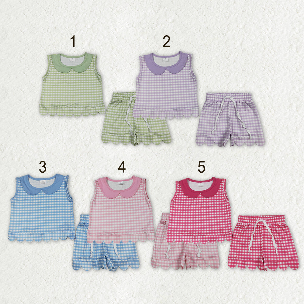 Sibling Baby Girls Short Sleeve Collar Checked Top Pockets Shorts Scallop Clothes Sets