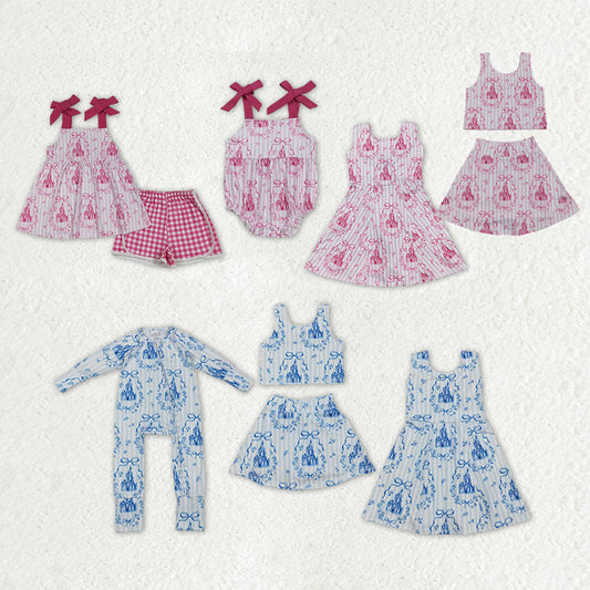 Sibling Castles Bows Checked Clothes Sets Knee Length Dress Rompers