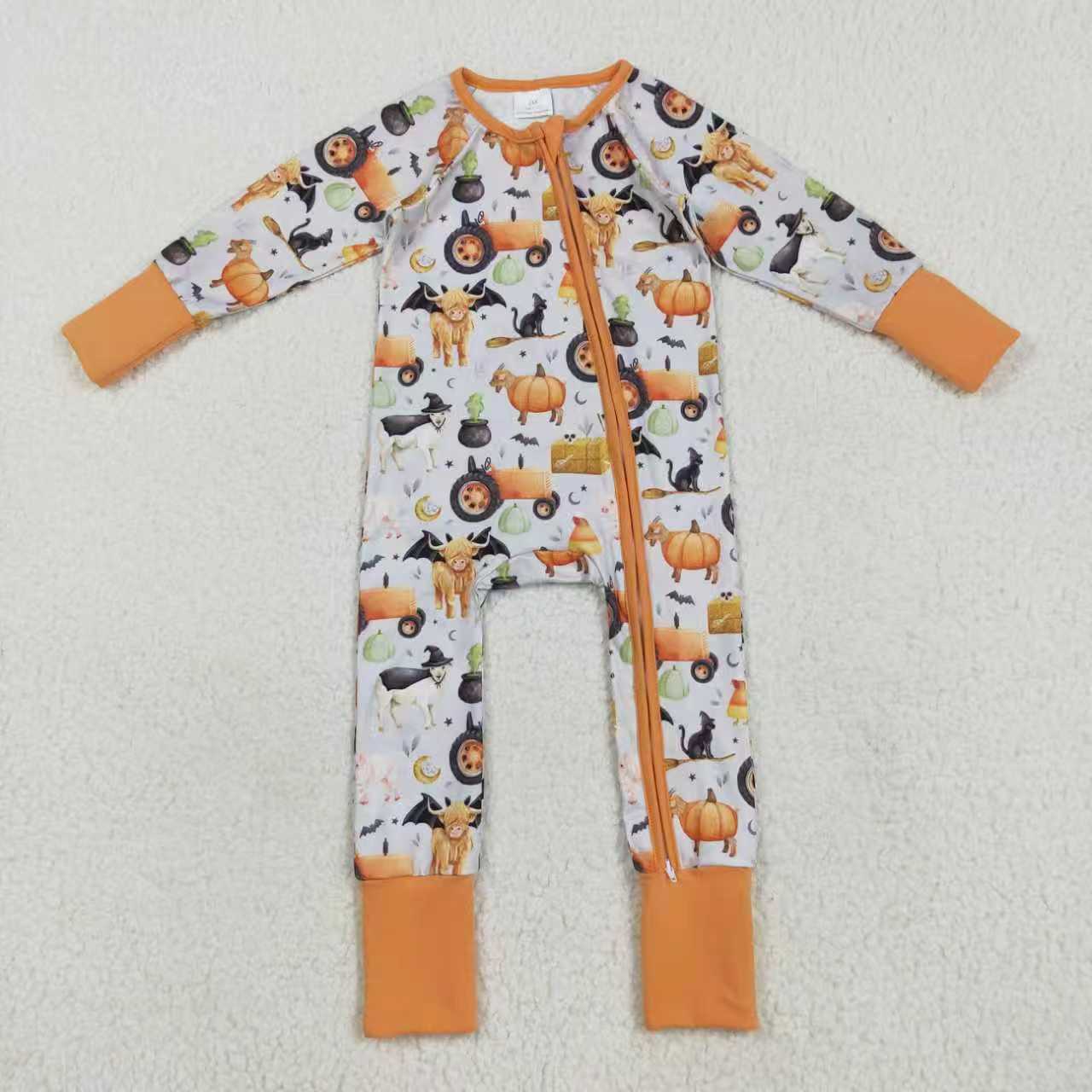 Sibling Baby Boys Pumpkins Bats Halloween Zipper Footie Rompers Pajamas Sets