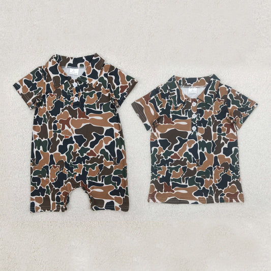 Sibling Baby Boys Short Sleeves Dark Brown Camo Button Polo Shirts Top Rompers