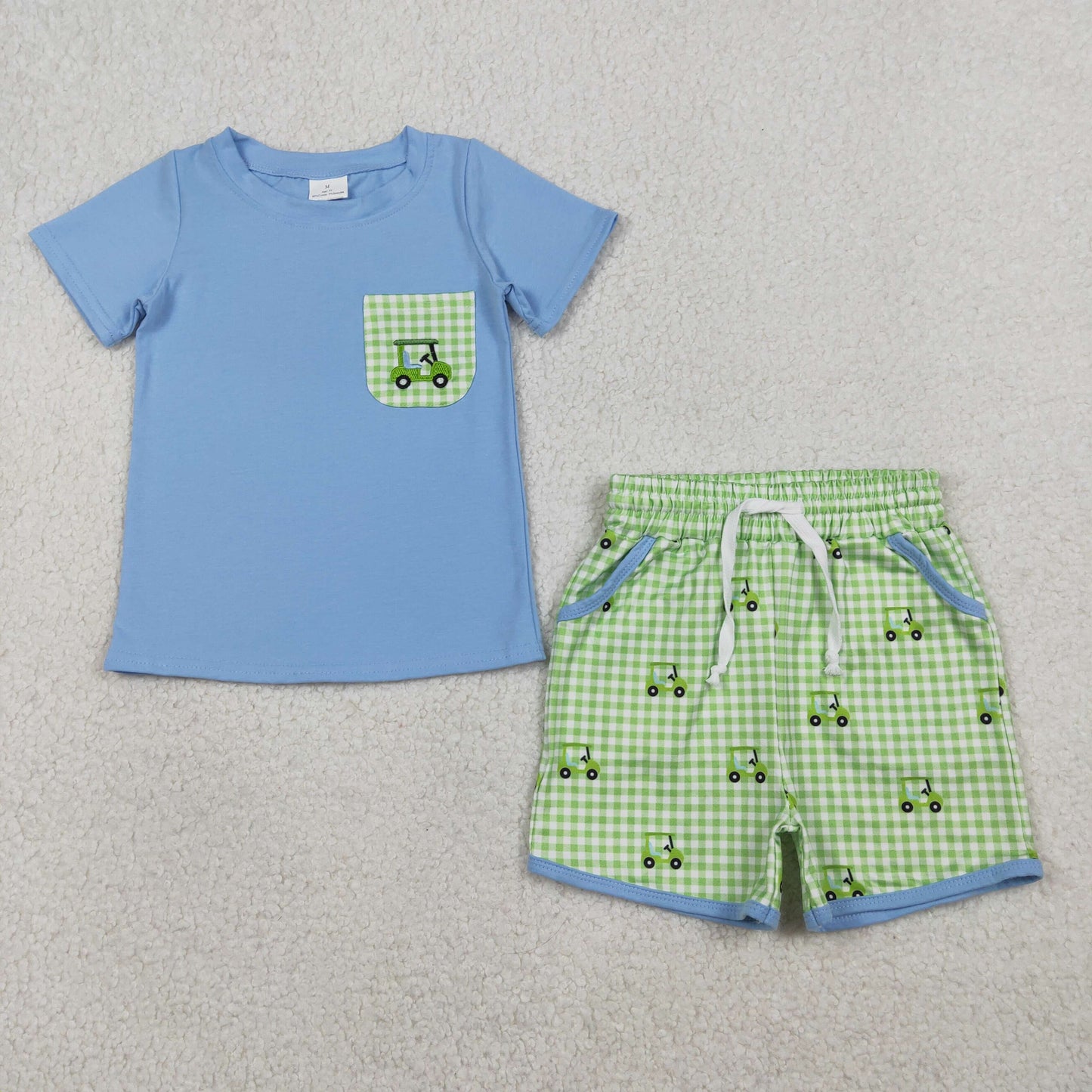 Sibling Baby Boys Girls Embroidery Golf Trucks Top Green Checked Shirt Shorts Clothes Sets