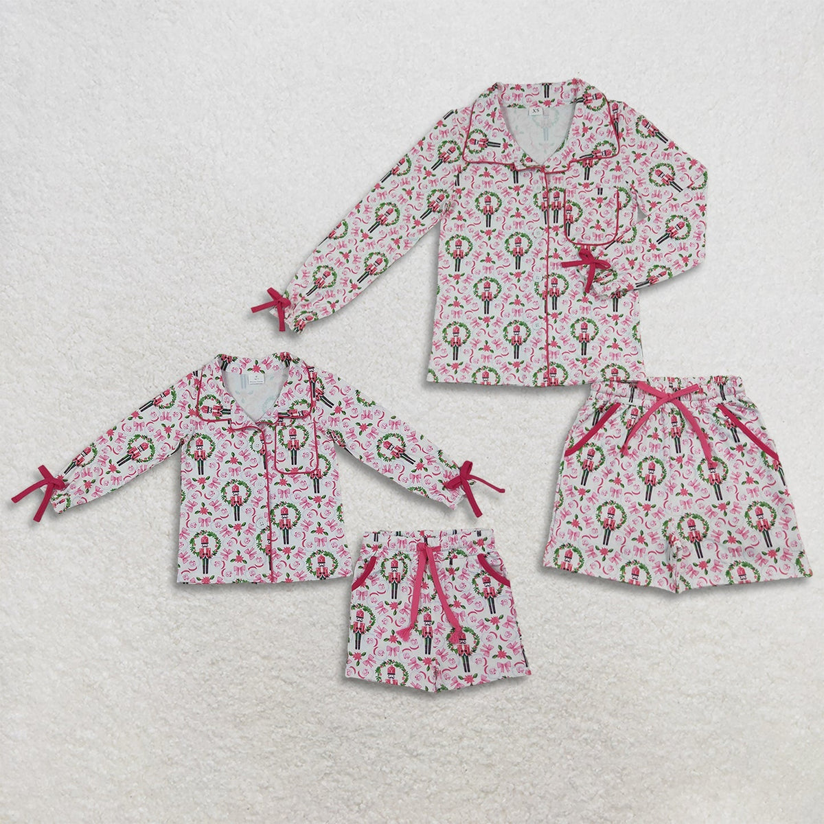 Mama and Me Girls Holly Soldiers Bows Button Pocket Long Sleeves Short Pajamas Sets