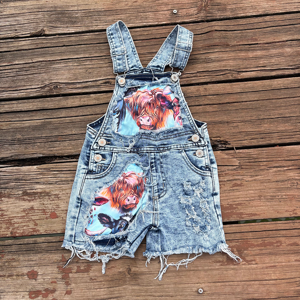 Sibling Baby Kids Western Denim Cow Bib Overall Jumpsuits
