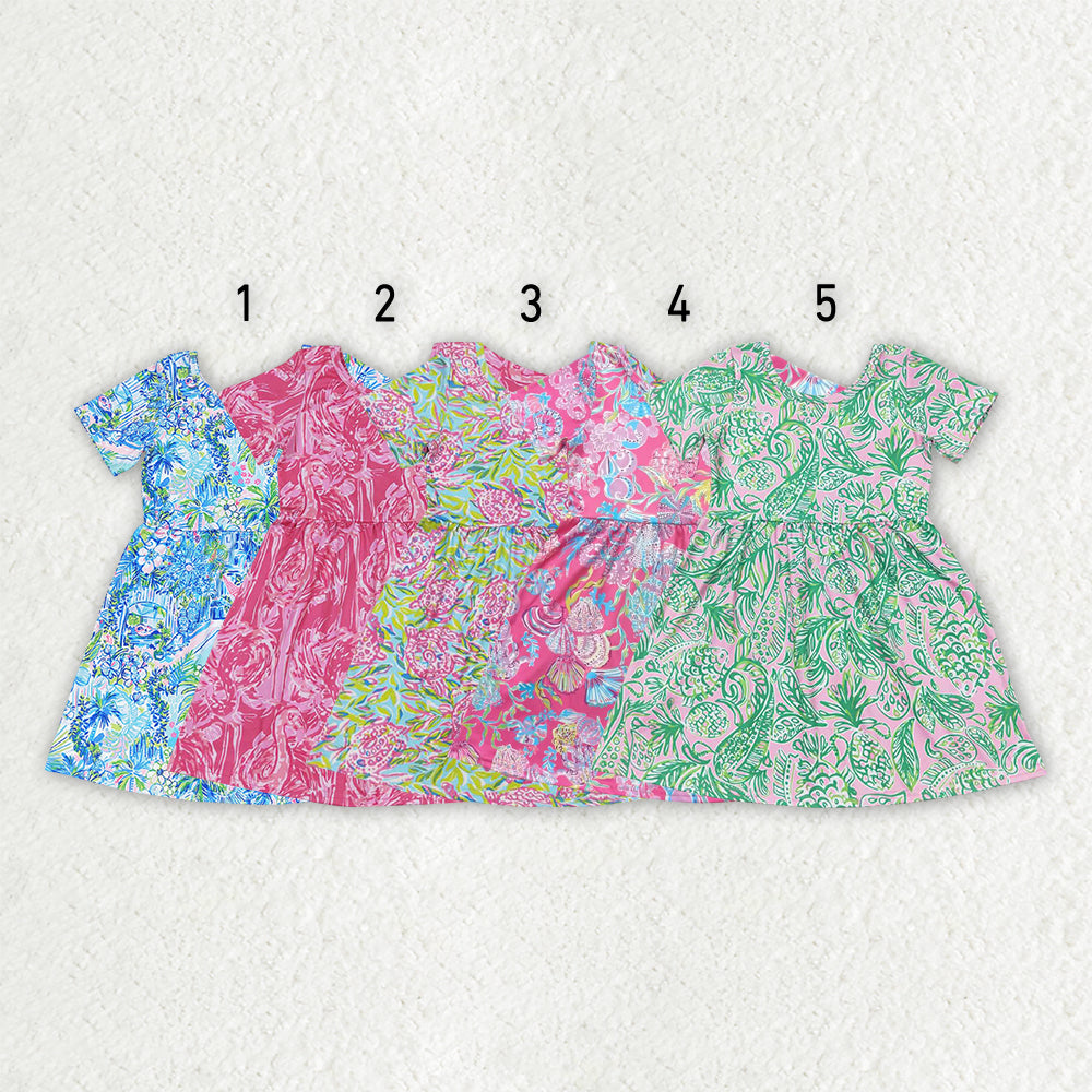 Sibling Baby Girls Sea Flowers Short Sleeve Knee Length Dresses