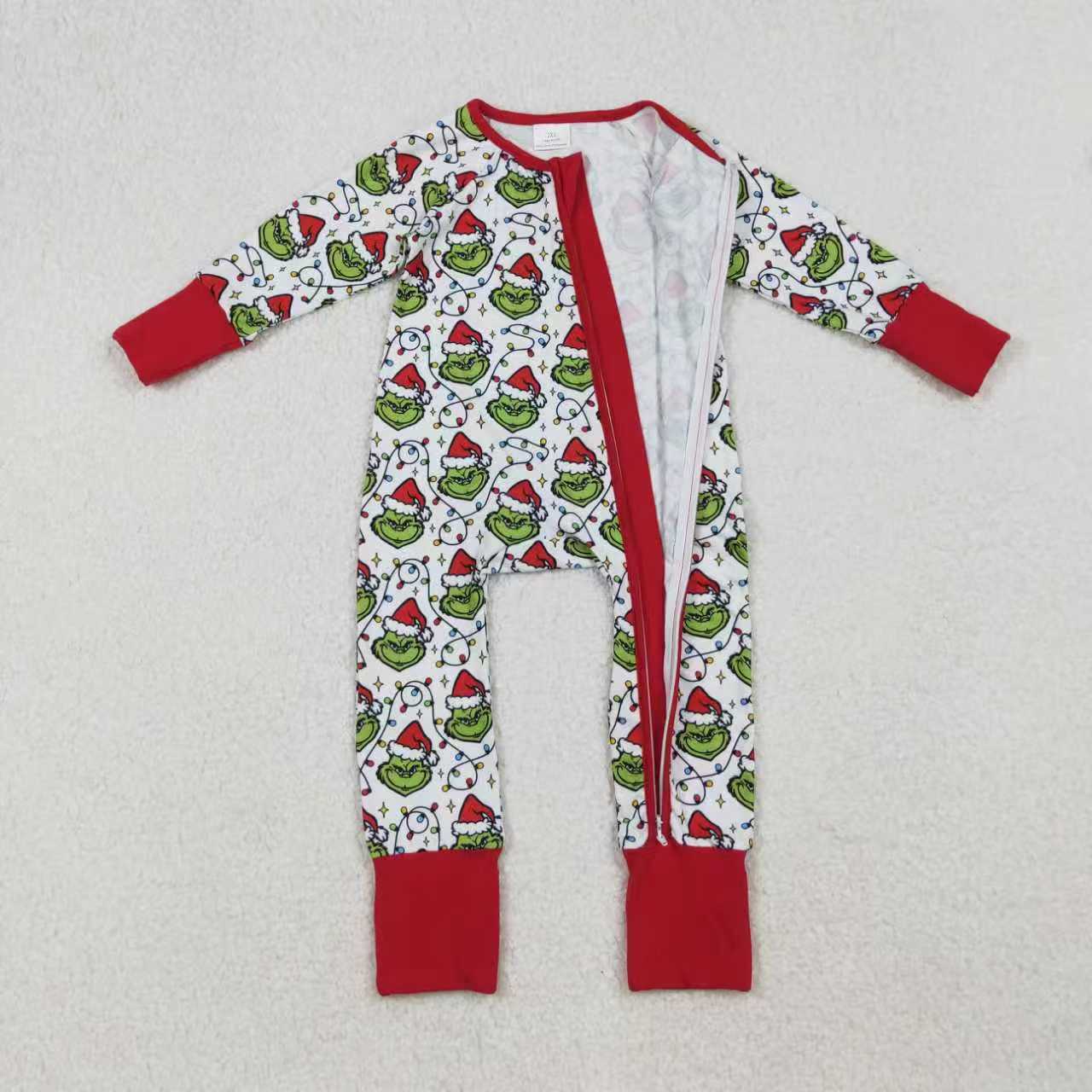 Sibling Baby Boys Green Faces Lights Christmas Pajamas Sets Zipper Footie Rompers